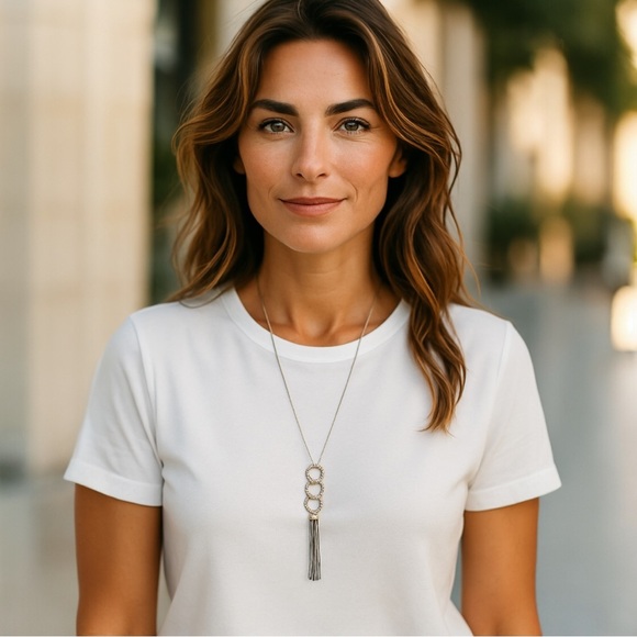 CHICO’S triple Circle Pendant Chain Tassel Silver Tone 32" Long Necklace - Picture 1 of 7